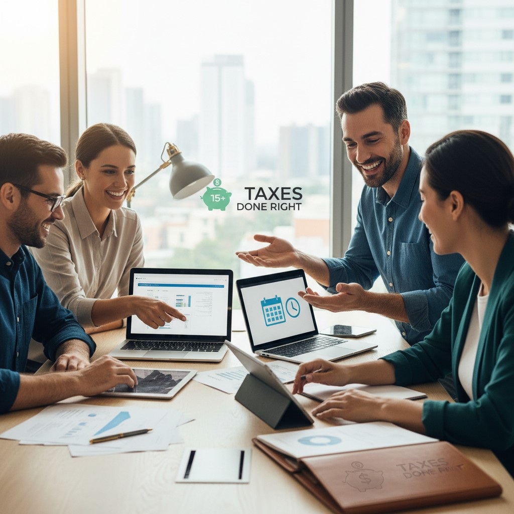 5 professionals in a meeting; 4 sitting around a table, 1 standing: laptops, tablet, binder with "Taxes Done Right" and va...